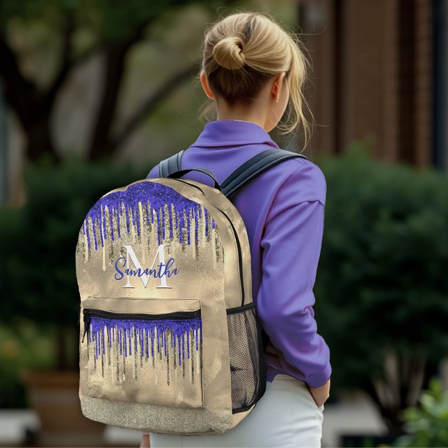 Chic Royal Blue Gold Glitzer Tropfen Monogramm Bedruckter Rucksack (Von Creator hochgeladen)