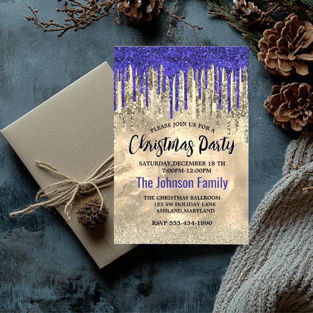 Chic Royal Blue Gold Glitzer Tropfen Weihnachten Einladung (Von Creator hochgeladen)