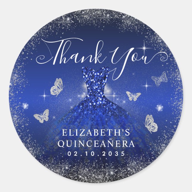 Chic Royal Blue Silver Gown Quinceañera Vielen Dan Runder Aufkleber (Vorderseite)