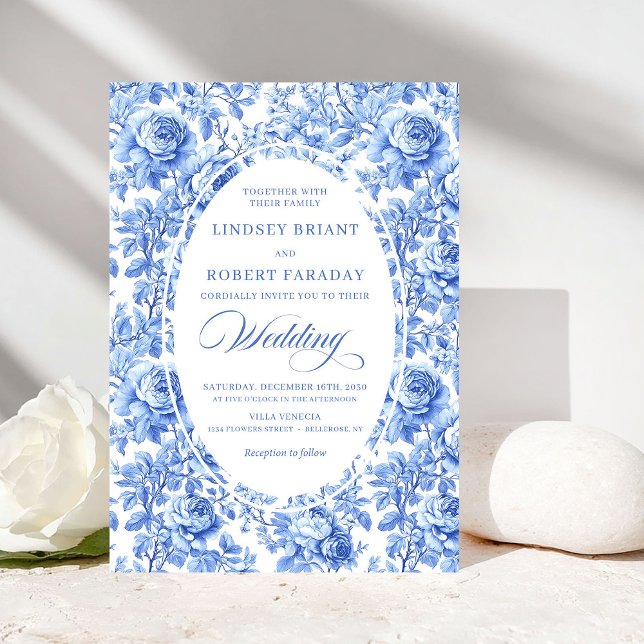 Chic Royal Blue Toile Floral Wedding Invitation Einladung (Chic Royal Blue Toile Floral Wedding Invitation)