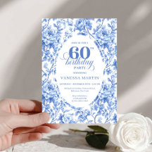 Chic Royal Blue Toile Roses 60th Birthday Invite 