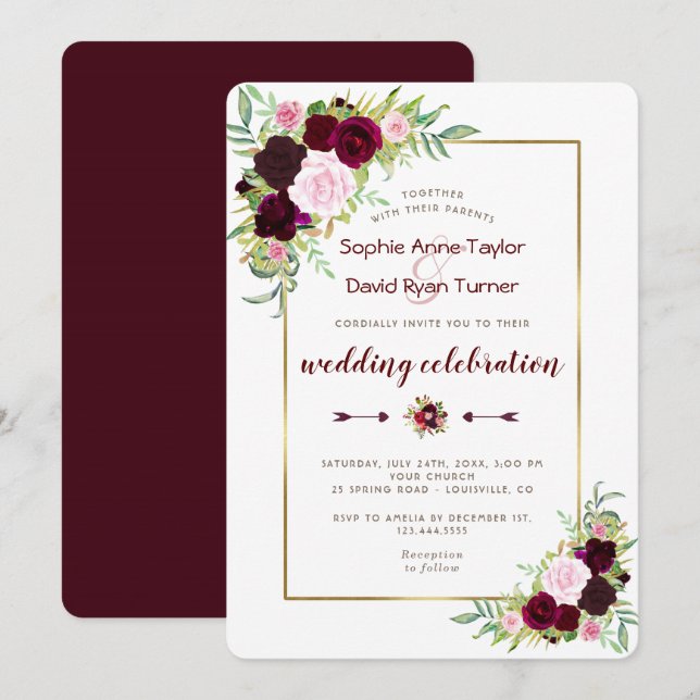 Chic Royal Burgundy Marsala Floral Wedding Einladung (Vorne/Hinten)