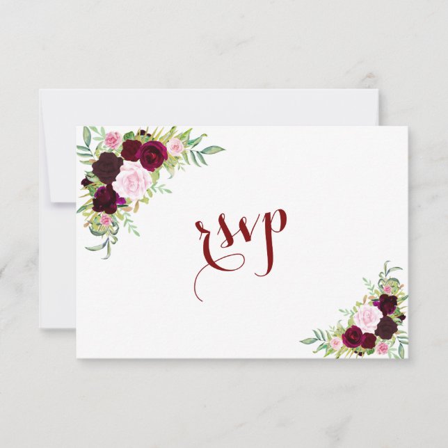 Chic Royal Burgundy Marsala Floral Wedding RSVP (Vorderseite)