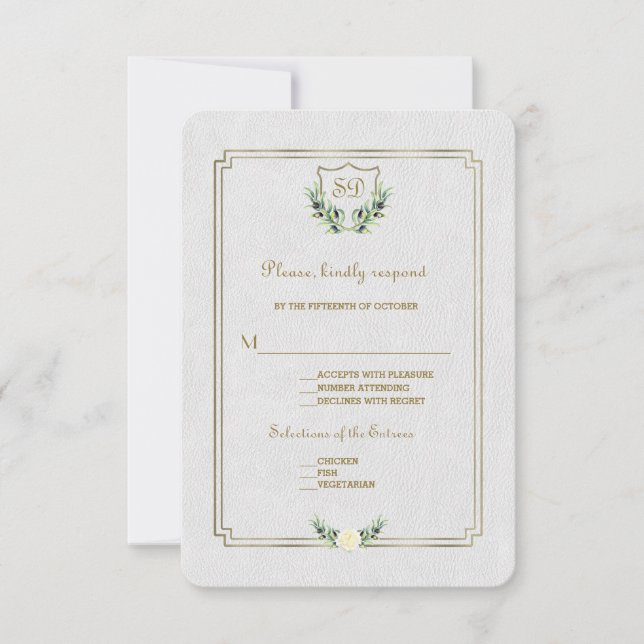 Chic Royal Gold Crest Lush Greenery Wedding RSVP (Devant)