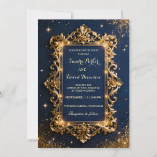 Chic Royal Gold & Navy Blue Luxury Modern Wedding Einladung