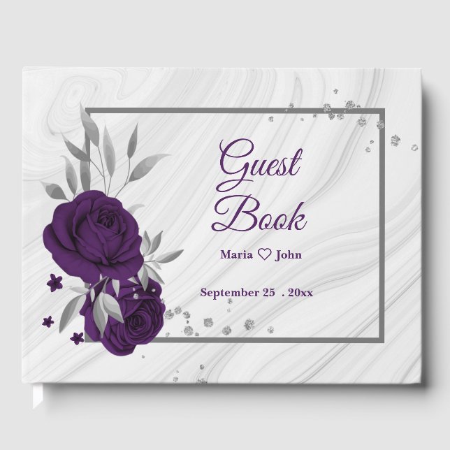 chic Royal lila blumensilber Blätter geometrisch Gästebuch (Vorderseite)