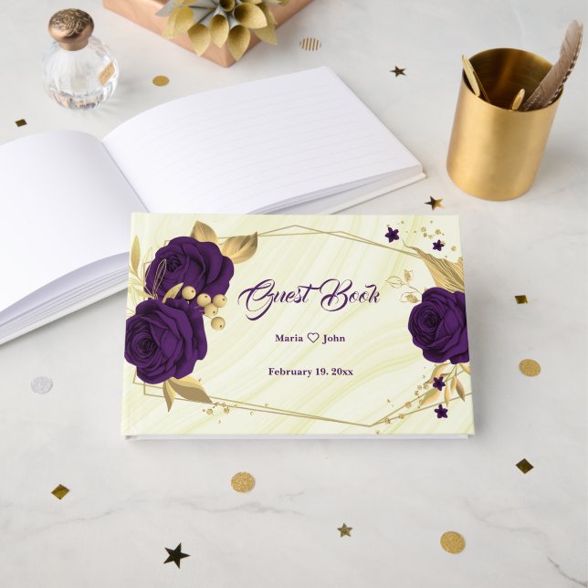 chic Royal lila floral gold Blätter geometrisch Gästebuch (Vorderseite Offen)