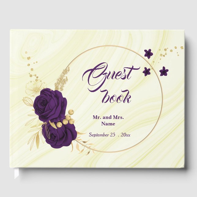 chic Royal lila floral gold Blätter geometrisch Gästebuch (Vorderseite)