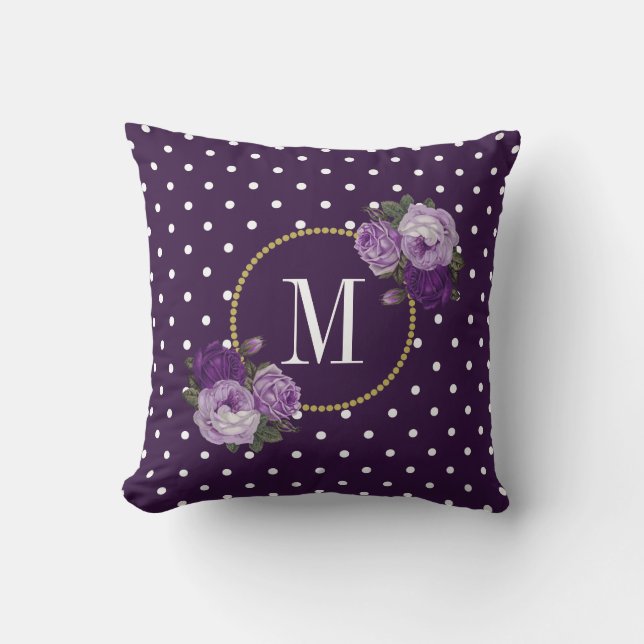 Chic Royal Lila Vintage Blume Dots Monogramm Kissen (Vorderseite)
