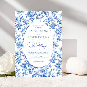 Chic Royalblaue Toile de Jouy Romantische Hochzeit Einladung