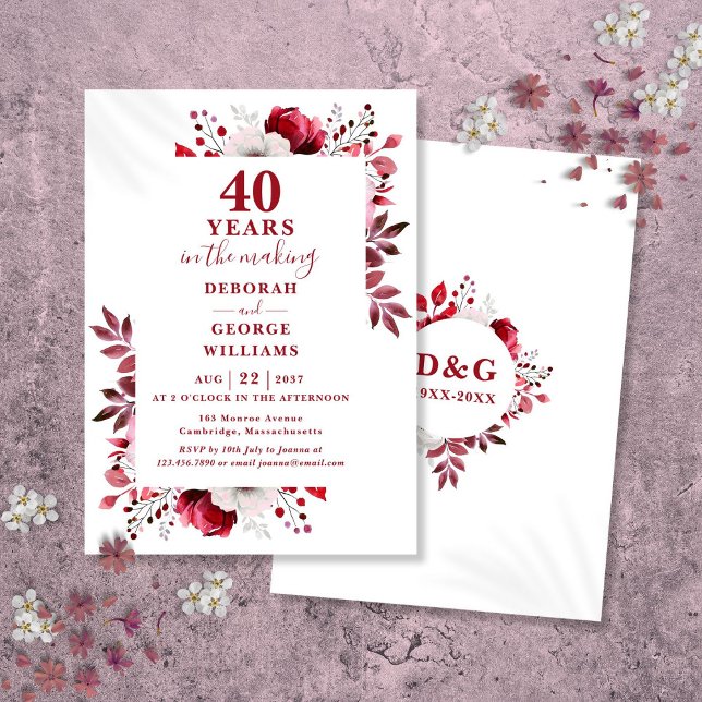 Chic Ruby 40. Hochzeit Jahrestag Blumenkohl Einladung (Chic Ruby 40th Wedding Anniversary Floral Invitation)