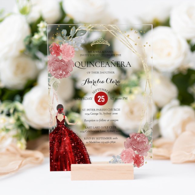 Chic Ruby Red Floral Geometric Quinceañera Acryleinladungen (Von Creator hochgeladen)