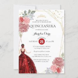 Chic Ruby Red Floral Geometric Quinceañera Einladung