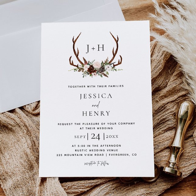 Chic Rustic Antlers Boho Wedding Einladung (Von Creator hochgeladen)