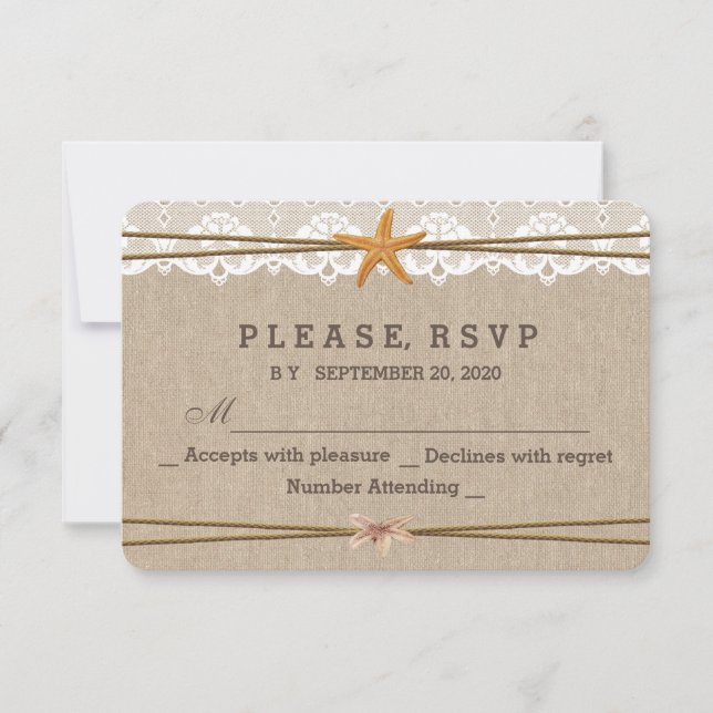 Chic Rustic Beach Starfish Lace Wedding RSVP (Vorderseite)