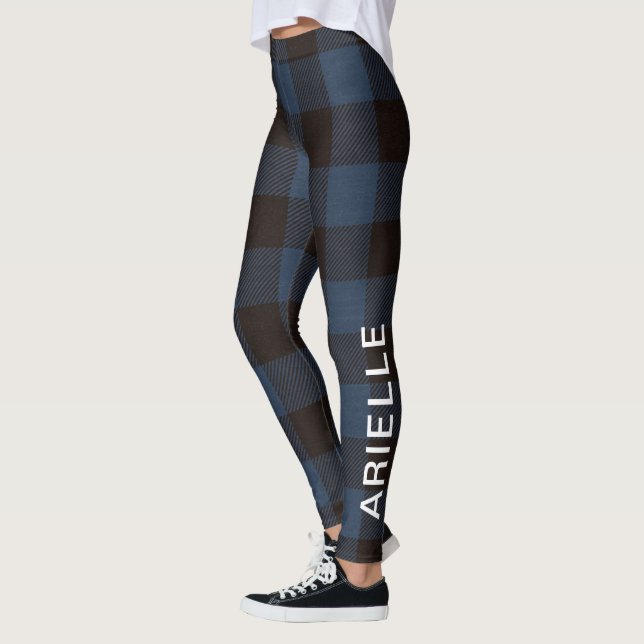 Chic Rustic Blue Buffalo Print mit Namen Leggings (Links)