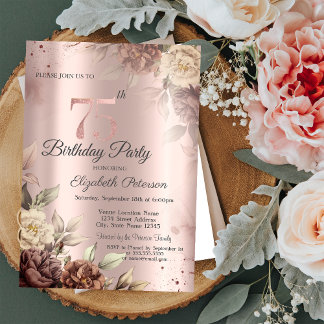 Chic Rustic Blume Rose Gold 75. Geburtstag Einladung
