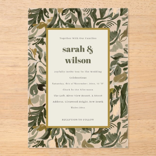 Chic Rustic Boho Retro Green Botanical Wedding Acryleinladungen (Vorderseite)