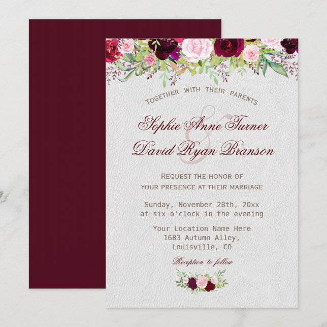 Chic Rustic Burgundy Marsala Floral Wedding Einladung (Vorne/Hinten)