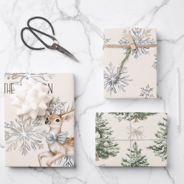 Chic Rustic Christmas Cream Deer Snowflakes Geschenkpapier Set (Vorderseite)
