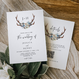 Chic Rustic Floral Antlers QR Code Hochzeit Einladung