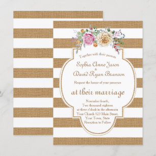 Chic Rustic Floral Burlap Streifen Hochzeit einlad Einladung