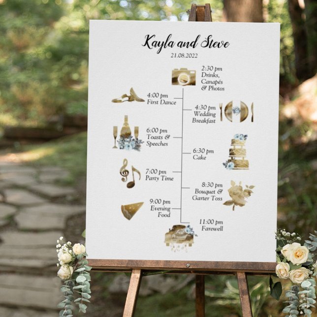 Chic Rustic Gold Watercolor Wedding Timeline Sign Poster (Von Creator hochgeladen)