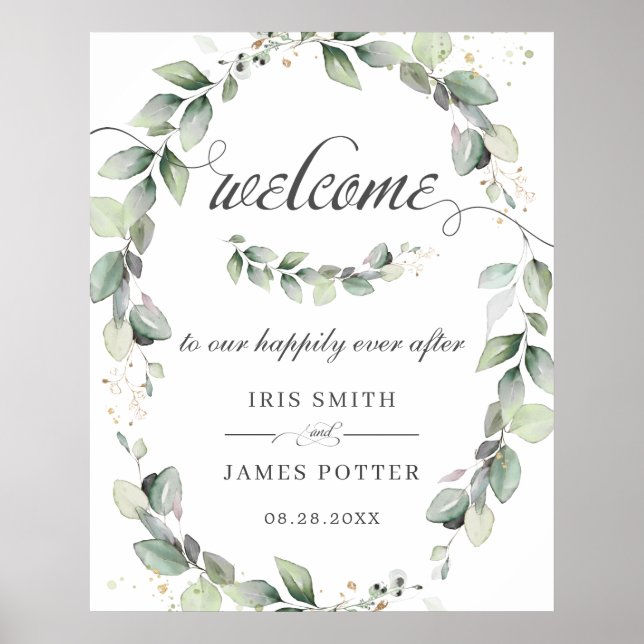 Chic Rustic Green Wreath Mariage Affiche de bienve (Devant)