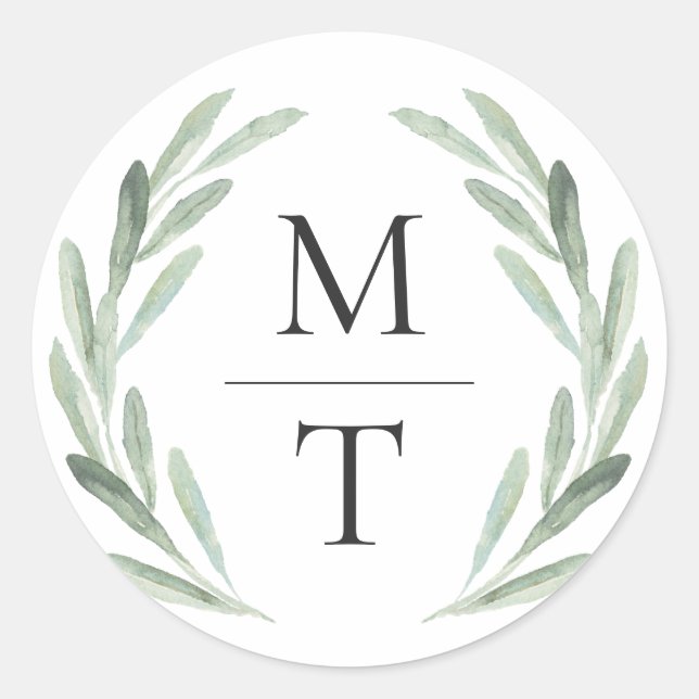 Chic & Rustic Green Wreath Monogram Wedding Gevor Runder Aufkleber (Vorderseite)