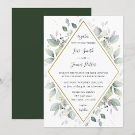 Chic Rustic Greenerie Gold Green Foliage Hochzeit Einladung