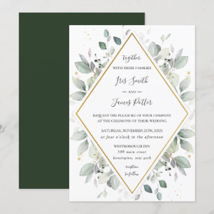 Chic Rustic Greenerie Gold Green Foliage Hochzeit Einladung