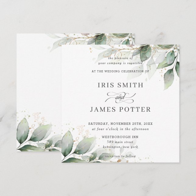 Chic Rustic Greenerie Leafy Foliage Gold Hochzeit Einladung (Vorne/Hinten)