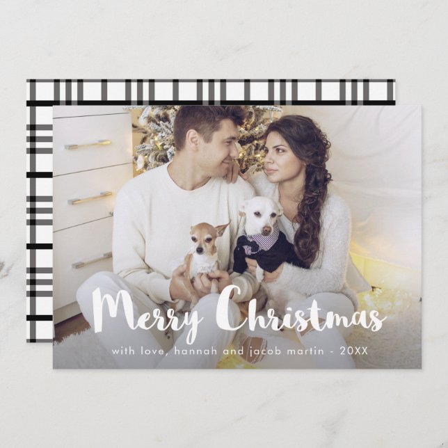 Chic Rustic Kariert mit Foto Frohe Weihnachten (Vorne/Hinten)