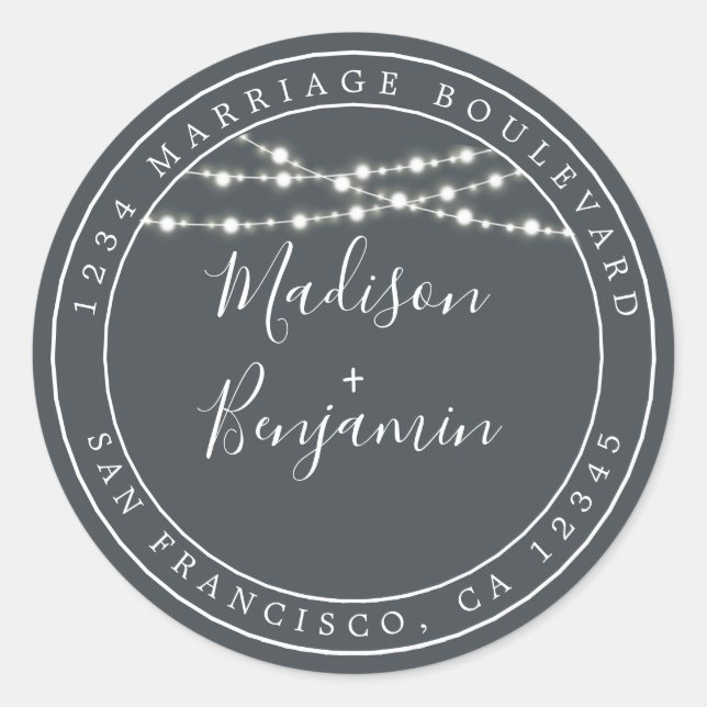Chic Rustic Lights Black Wedding Rücksendeadresse Runder Aufkleber (Vorderseite)