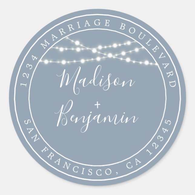 Chic Rustic Lights Blue Wedding Rücksendeadresse Runder Aufkleber (Vorderseite)