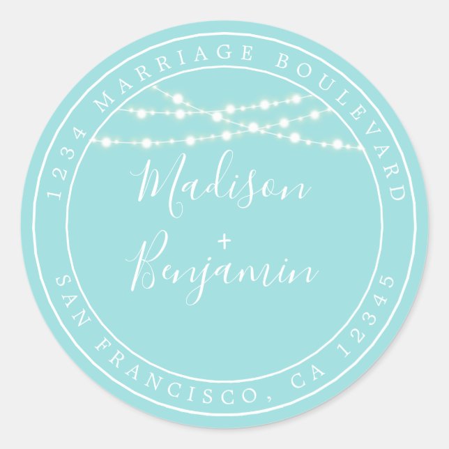 Chic Rustic Lights Blue Wedding Rücksendeadresse Runder Aufkleber (Vorderseite)