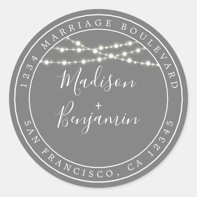 Chic Rustic Lights Gray Wedding Rücksendeadresse Runder Aufkleber (Vorderseite)
