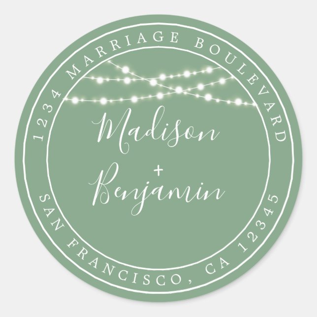 Chic Rustic Lights Green Wedding Rücksendeadresse Runder Aufkleber (Vorderseite)