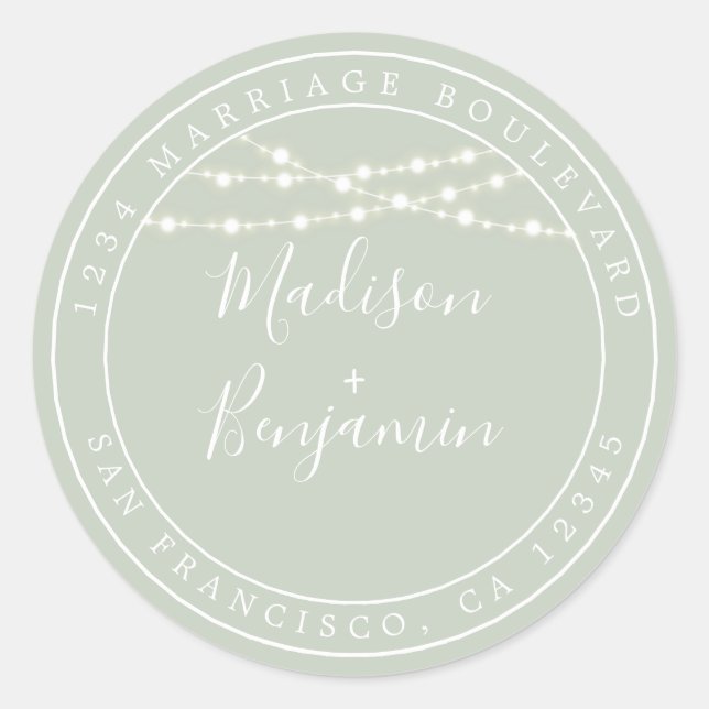 Chic Rustic Lights Green Wedding Rücksendeadresse Runder Aufkleber (Vorderseite)