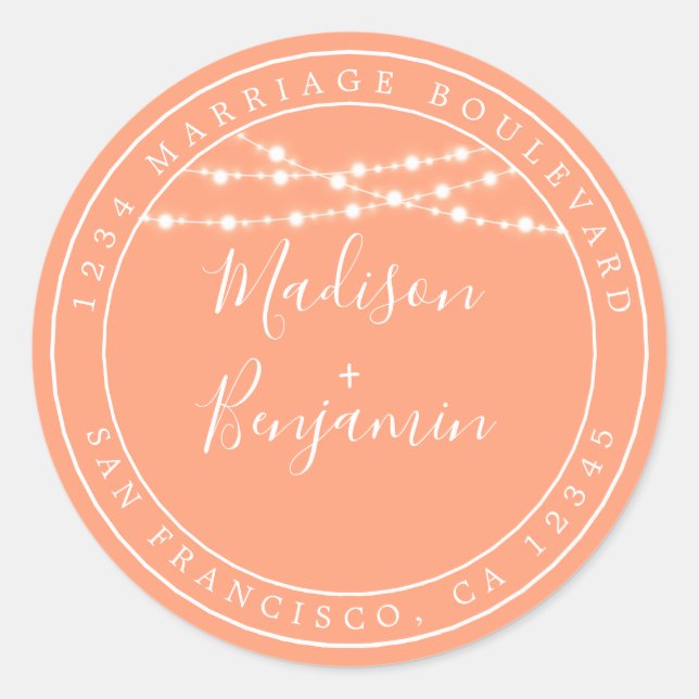 Chic Rustic Lights Orange Wedding Rücksendeadresse Runder Aufkleber (Vorderseite)