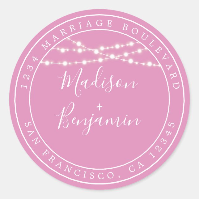 Chic Rustic Lights Pink Wedding Rücksendeadresse Runder Aufkleber (Vorderseite)
