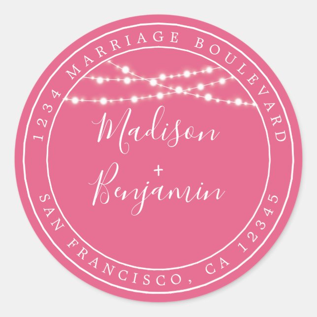 Chic Rustic Lights Pink Wedding Rücksendeadresse Runder Aufkleber (Vorderseite)
