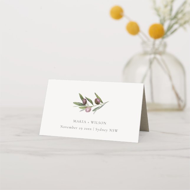 Chic Rustic Minimal Olive Branch Fauna Hochzeit Platzkarte (Vorderseite)