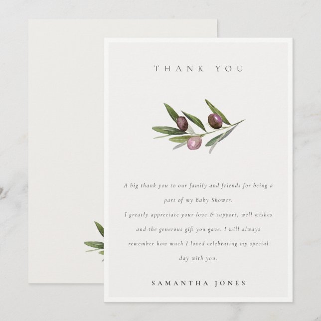 Chic Rustic Minimal Olive Branch Foliage Hochzeit Dankeskarte (Vorne/Hinten)