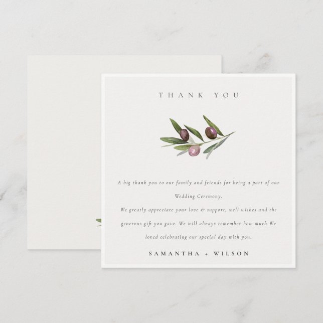Chic Rustic Minimal Olive Branch Foliage Hochzeit Dankeskarte (Vorne/Hinten)