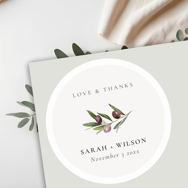 Chic Rustic Minimal Olive Branch Foliage Hochzeit Runder Aufkleber (Von Creator hochgeladen)