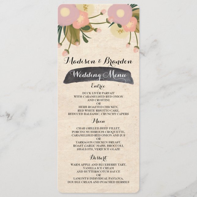 Chic Rustic Watercolor Leinwand Wedding Menu Menükarte (Vorderseite)