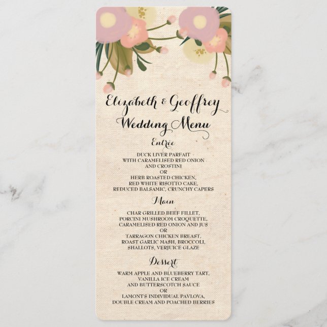 Chic Rustic Watercolor Leinwand Wedding Menu Menükarte (Vorderseite)