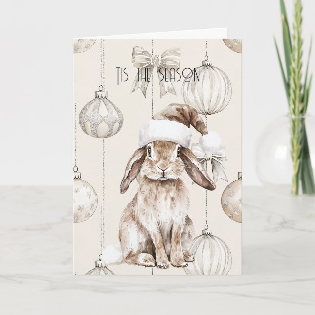 Chic Rustic Weihnachtscreme Bunny Ornament Karte (Vorderseite)