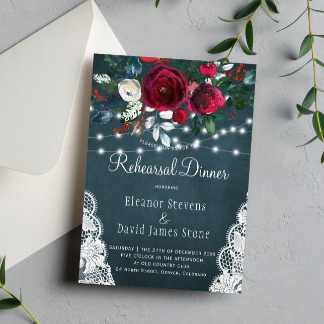 Chic rustic Winter florale Hochzeit Probe Dinner Einladung (Von Creator hochgeladen)